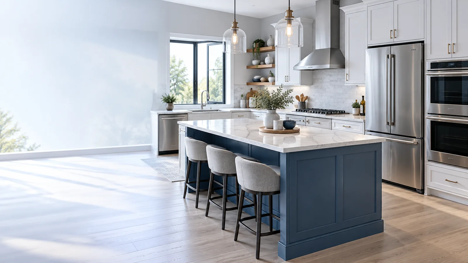 Bright contemporary kitchen with stainless steel refrigerator, dishwasher, range and ovens