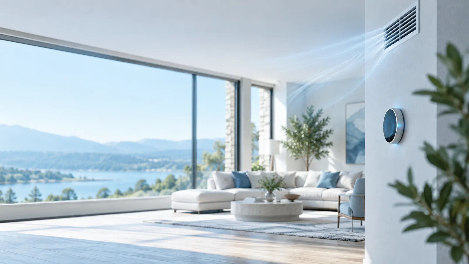 Comfortable living room with smart thermostat and air-conditioning vent