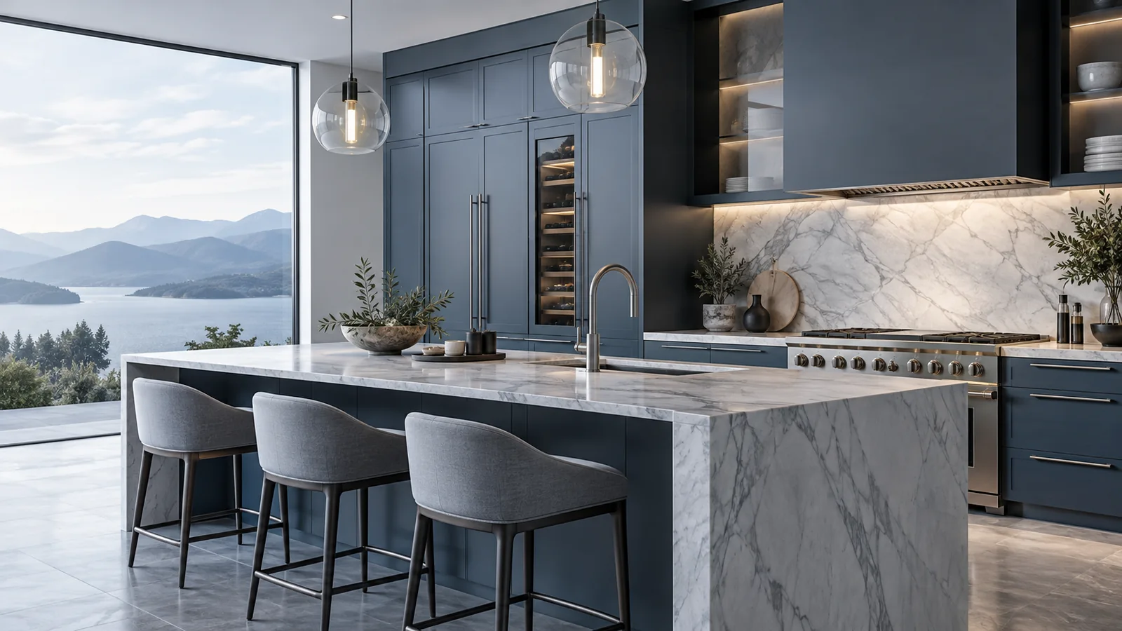 Modern kitchen with built-in refrigerator, marble island and professional-style cooking range