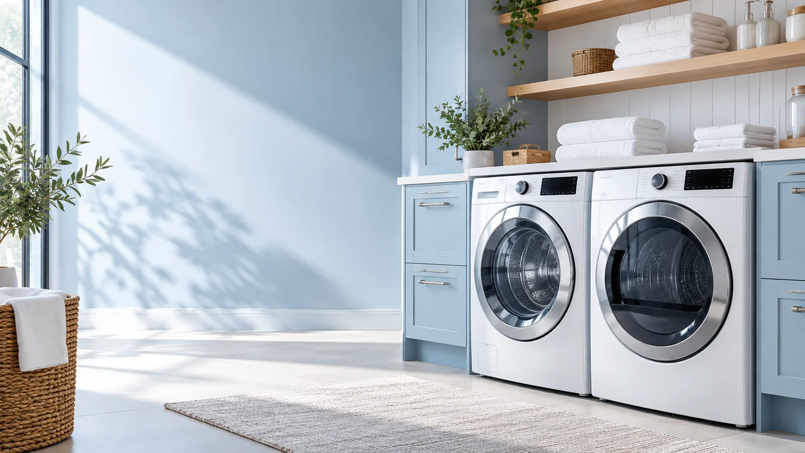 Modern laundry room with front-loading washer and dryer